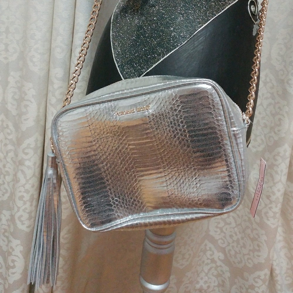 Victoria Secret silver chain cross body hand bag purse NWT